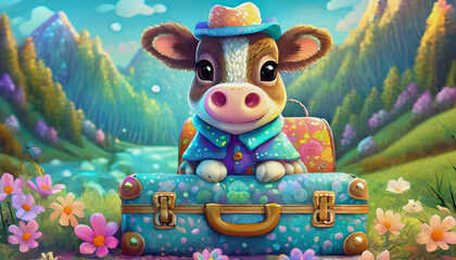 oil painting style CARTOON CHARACTER CUTE baby cow sitting on open suitcase the pet in the trip