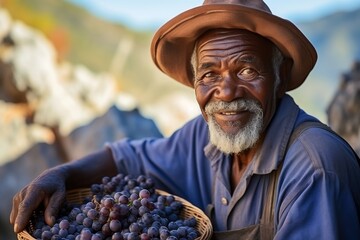 Elderly italian man picking grapes in basket on sunny summer day. Close-up, bottom view - obrazy, fototapety, plakaty