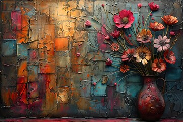 An abstract painting, with a metal element, textured background, and flowers, plants, and flowers on a vase - Powered by Adobe