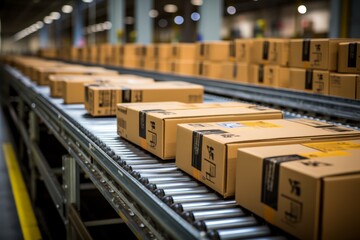 Multiple cardboard box packages being transported along a conveyor belt in a bustling warehouse