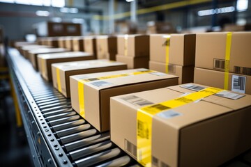 Close-up of cardboard box packages on conveyor belt in bustling warehouse facility