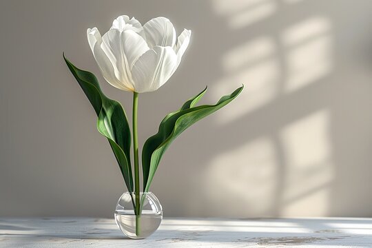 Classic White tulip in clear glass painting set against a minimalist white and grey background,