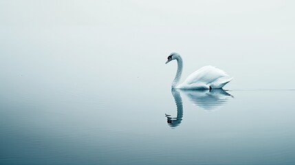 a beautiful white swan gracefully gliding on calm waters, its reflection mirrored below, in a stunning display of minimalist photography, rendered in high definition.