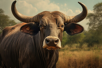 Closeup portrait of a Nelore bull, showcasing its characteristic hump and large ears, set against a serene rural backdrop - obrazy, fototapety, plakaty