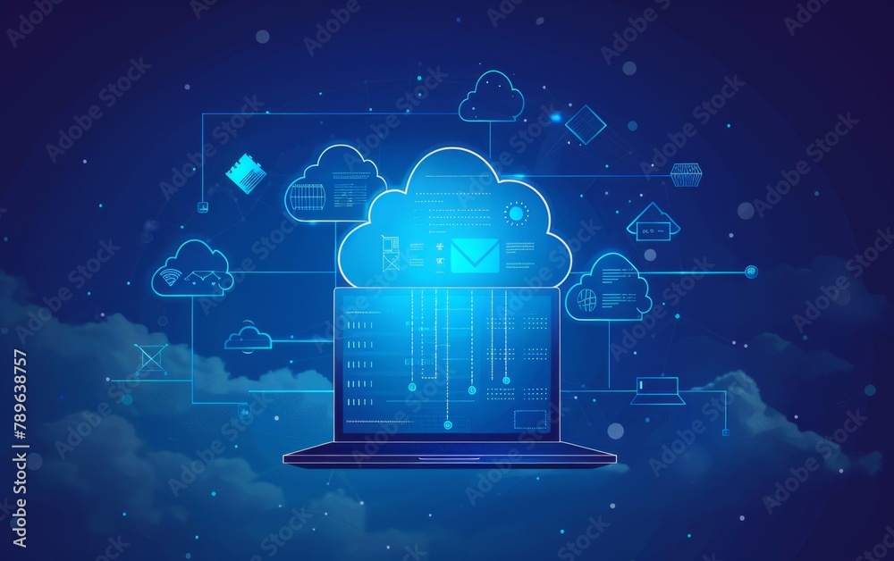 Poster a blue background with cloud icons connected to each other, creating an abstract representation of t