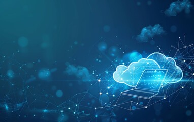 A blue background with digital clouds and laptop connections, symbolizing cloud computing technology Generative AI