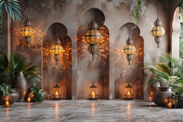 Arabic yoga studio, with hanging lanterns and plants, warm colors, arched windows. Created with Ai