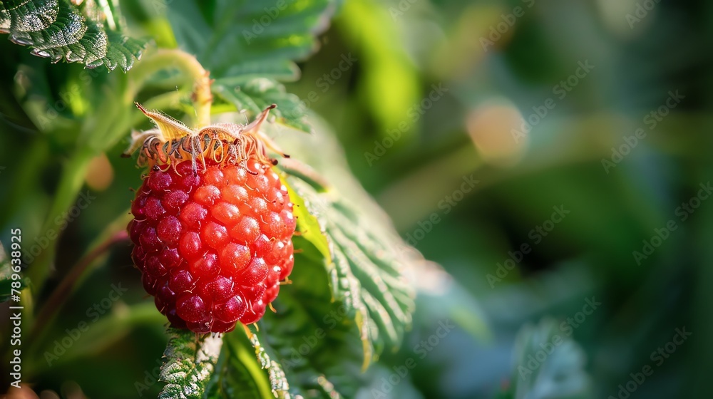 Wall mural A close-up image of a red raspberry on a branch with green leaves. The raspberry is ripe and juicy, and the leaves are still wet from the morning dew. - Wall murals