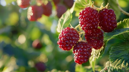 Close-up of a bunch of ripe red raspberries hanging from a branch with green leaves in the background. - Powered by Adobe