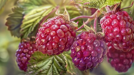 A close-up image of a cluster of ripe red raspberries on a branch with green leaves.