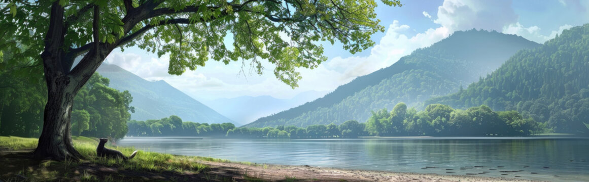 A painting depicting a serene lake with towering mountains in the background, capturing the beauty of natures landscape