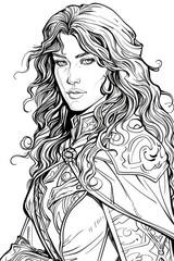 Black and white drawing of a woman with flowing long hair