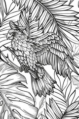 A black and white illustration of a bird perched on a tree branch, displaying detailed feathers and features