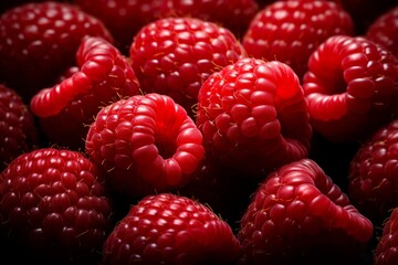 Top view of fresh sweet red raspberries arranged together for healthy eating and cooking