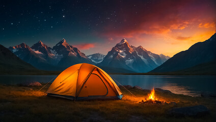 Tent tourist night, mountains - obrazy, fototapety, plakaty