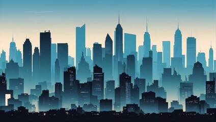 Simplified urban skyline backdrop in abstract style.