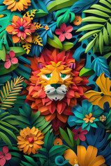 A majestic lion is standing among vibrant tropical leaves and flowers, showcasing a powerful and regal presence in its natural habitat