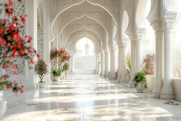 Sunlit mosque interior with arched hallways and vibrant flowers, ideal for architectural visualizations. End of Eid al-Fitr.