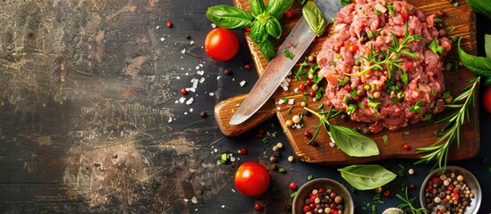 Fresh, raw ground beef on a wooden cutting board, mixed with seasonings, herbs, and vegetables, seen from above.