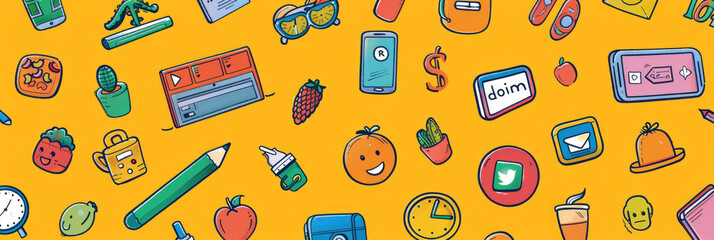 Various miscellaneous items scattered across a vibrant yellow background