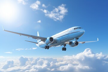 Close-up of passenger airliner flying in blue sky with clouds. Air travel concept