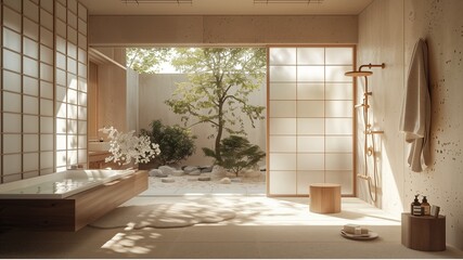 crafting a luxurious japan bathroom , blend Japanese minimalism with Scandinavian functionality, sustainable haven, japan aesthetic, bonsai tree, towel, bathtub, washbasin