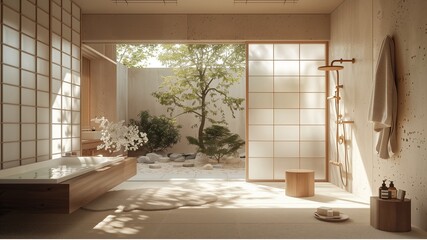 Fototapeta premium crafting a luxurious japan bathroom , blend Japanese minimalism with Scandinavian functionality, sustainable haven, japan aesthetic, bonsai tree, towel, bathtub, washbasin
