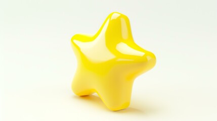 3D rendering of a yellow star on a white background. The star is glossy and has a smooth surface. It is standing at a slight angle.