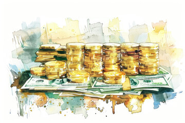 A stack of gold coins positioned on a heap of currency notes. A representation of wealth and financial assets
