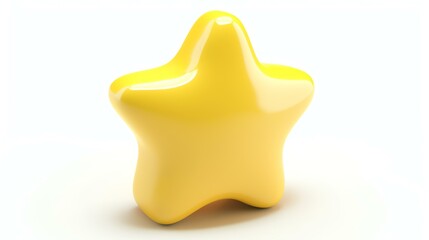 3D rendering of a yellow star on a white background. The star is glossy and has a smooth surface. It is facing the viewer at a slight angle.