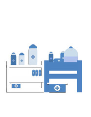 A blue and white image of a medicine cabinet with various bottles and containers