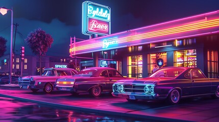 Retro diner in pixel style, neon signs, classic cars parked outside