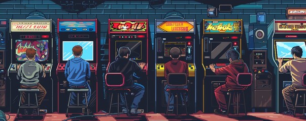 Retro pixel arcade scene, gamers, vintage arcade cabinets