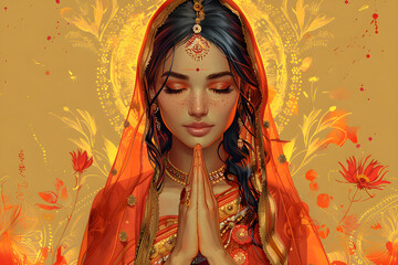 Illustration of a beautiful young Indian woman praying in traditional dress. Suitable for cultural and religious events and promotions.