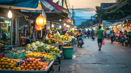 A vibrant and bustling Asian street market with an array of fresh fruits and vegetables on display.