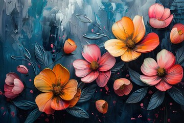Oil paintings of abstract flowers and leaves. Sprinkled paint on smooth paper, giving the paper a golden texture. Prints, wallpapers, posters, cards, murals, rugs, hangings, wall art, posters.