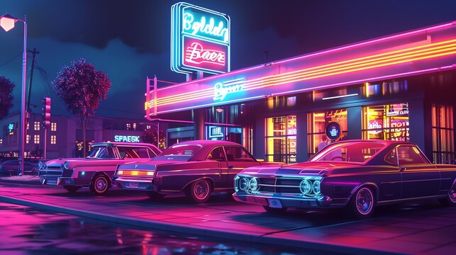 Retro diner in pixel style, neon signs, classic cars parked outside