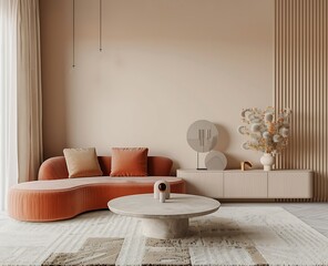 Beige living room interior with a sofa and armchair near the wall mock up