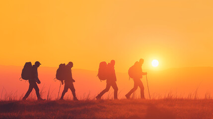 group of people walking in the sunset
