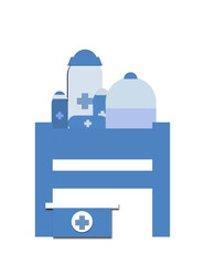 A blue shelf with a variety of medical supplies place on it