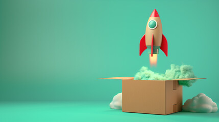 Creative concept of a toy rocket taking off from a cardboard box against a green background