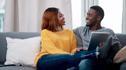 Black couple, tablet and relax with digital app in home for streaming entertainment, movie or...