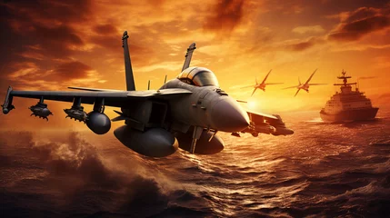 Foto op Plexiglas Dynamic scene of a jet fighter maneuvering above a naval warship during a sunset, highlighting military preparedness © PARALOGIA