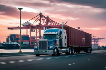 Truck trailer at cargo port terminal with cranes, containers