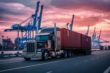 Truck trailer at cargo port terminal with cranes, containers
