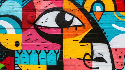 A colorful mural of a face with one eye open is painted on a brick wall.