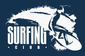vector monochrome banner logo drawing of a surfer on a board riding the waves at sea with lettering surfing club - 789641975