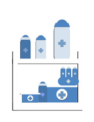 A white shelf with a variety of medical supplies place on it