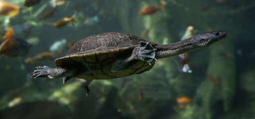 Roti Island snake-necked turtle / McCord‘s snakeneck turtle (Chelodina mccordi) on the ground.