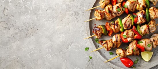 Chicken kebab skewers arranged on a dish with a light grey slate, stone, or concrete backdrop,...